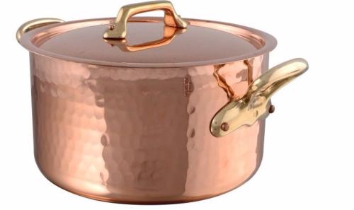 Bassine à ragoût cuivre martelé monture bronze couvercle cuivre - 36 cm