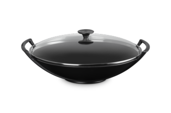 Wok en fonte émaillée noir le creuset 36 cm avec couvercle en verre