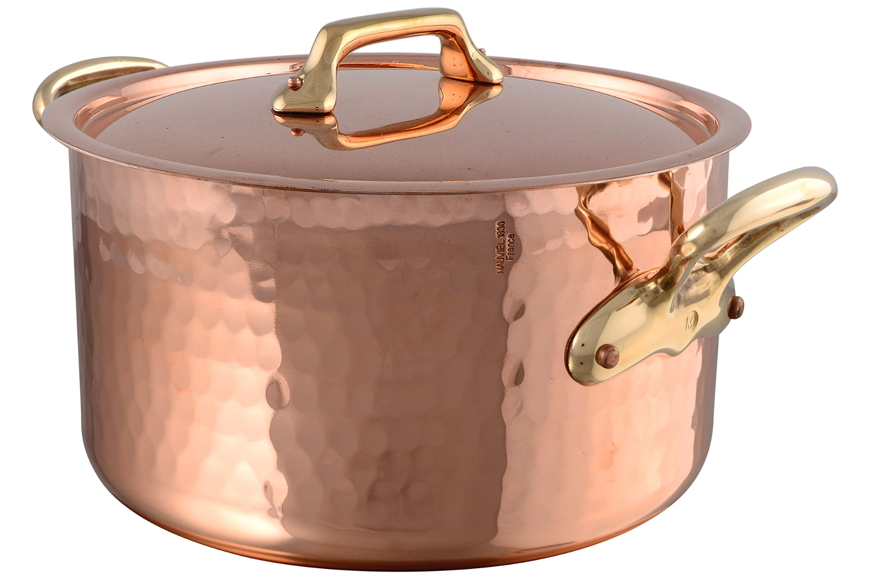 Bassine à ragoût cuivre martelé monture bronze couvercle cuivre - 28 cm